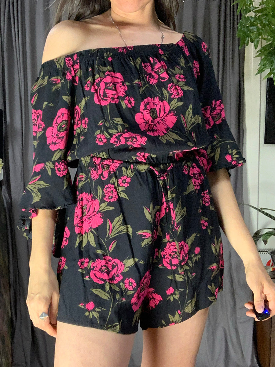 Express Black & Pink Rose Print Romper
