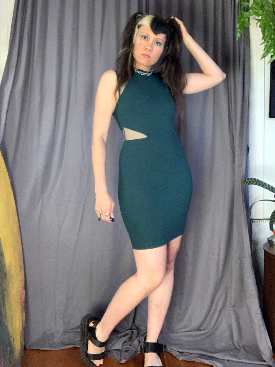 French Connection Teal Green Bodycon Dress with Mesh Insets