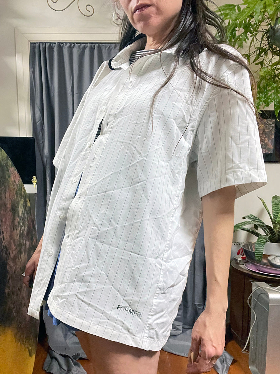 Former “Vivian” White Pinstripe Shirt with Black Collar