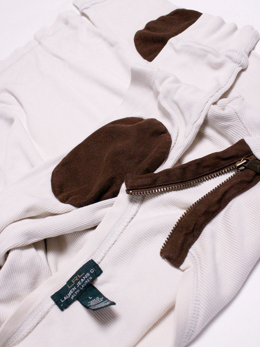 LRL Lauren Ralph Lauren Jeans Co. Ribbed Long Sleeve Off White Top with Brown Ultrasuede Elbow Patches & Zippered Shoulder