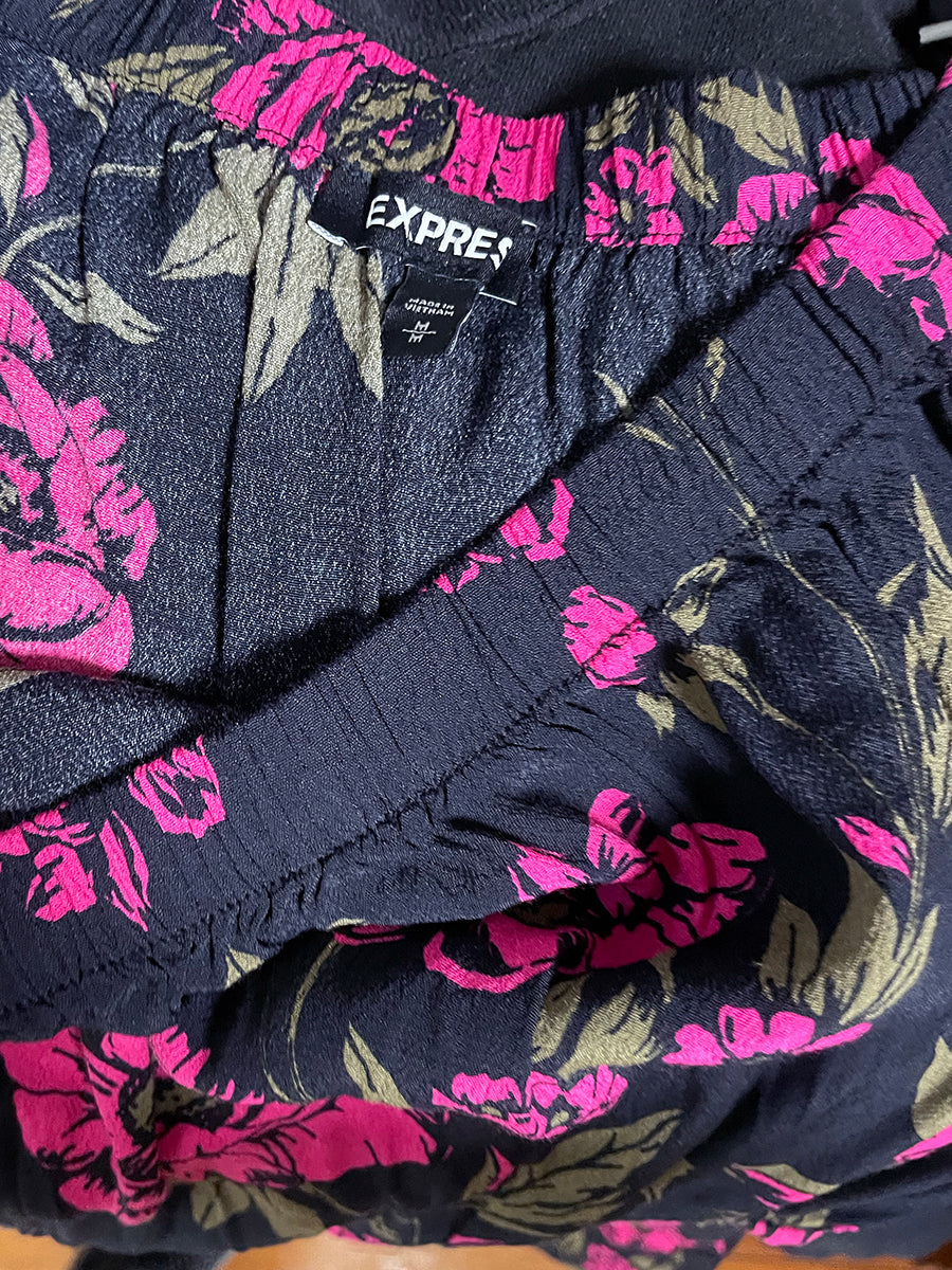 Express Black & Pink Rose Print Romper
