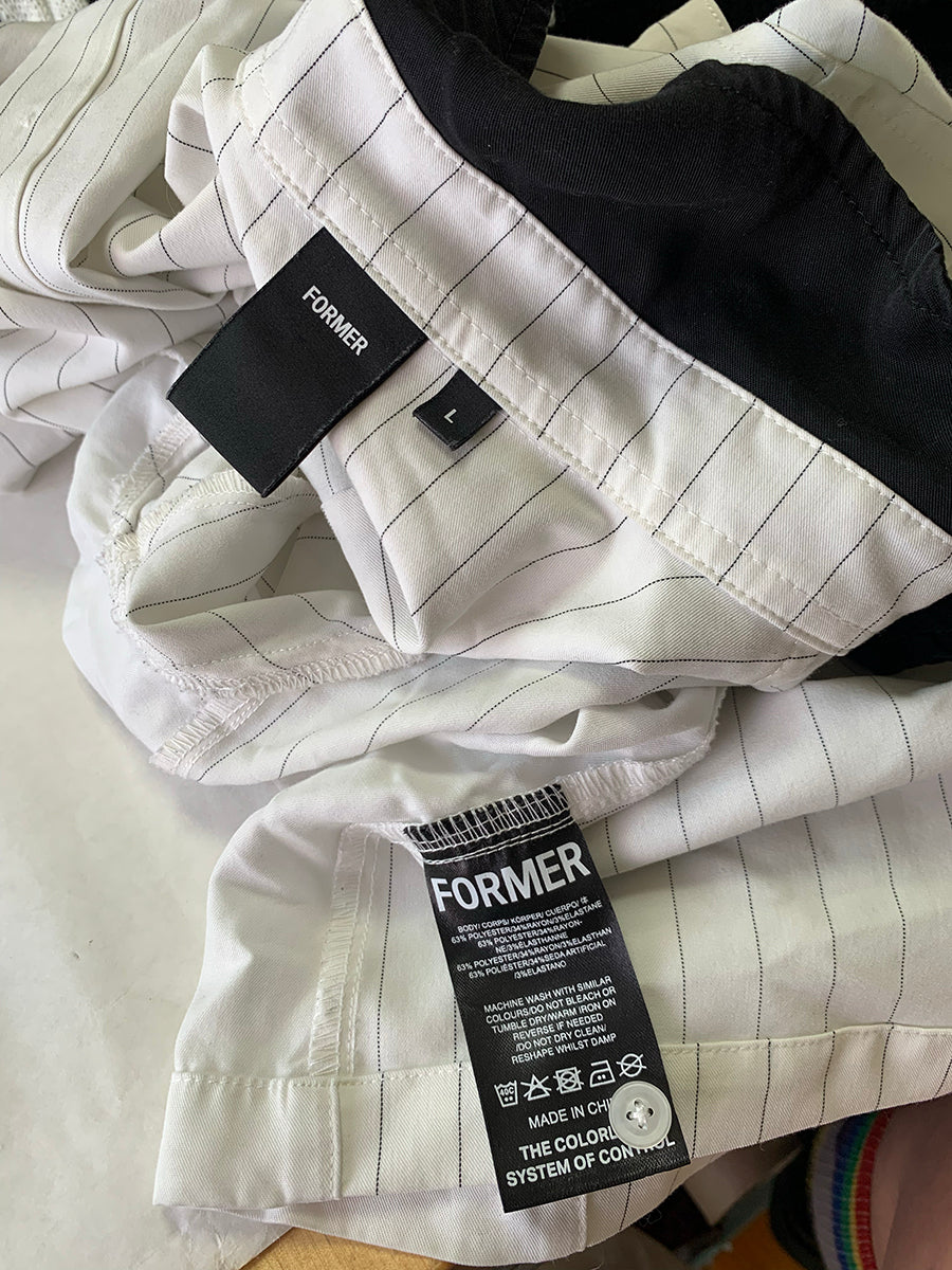 Former “Vivian” White Pinstripe Shirt with Black Collar