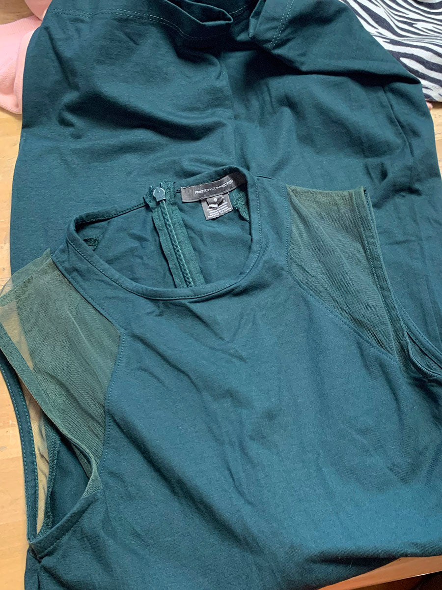 French Connection Teal Green Bodycon Dress with Mesh Insets