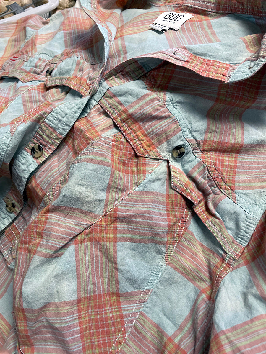 BDG “Callum” Cropped Button-Down Pastel Plaid Blouse