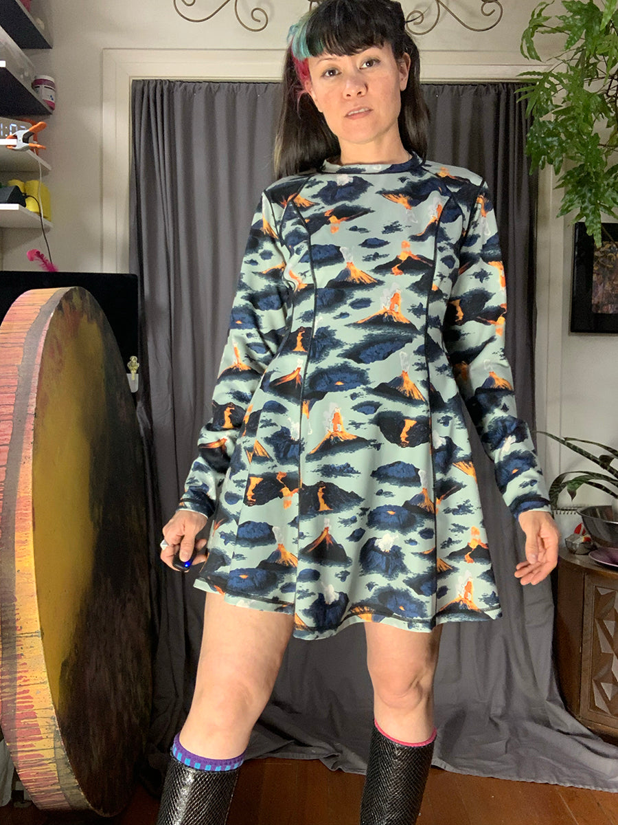 Hot Lava Volcano Print Long Sleeve Dress
