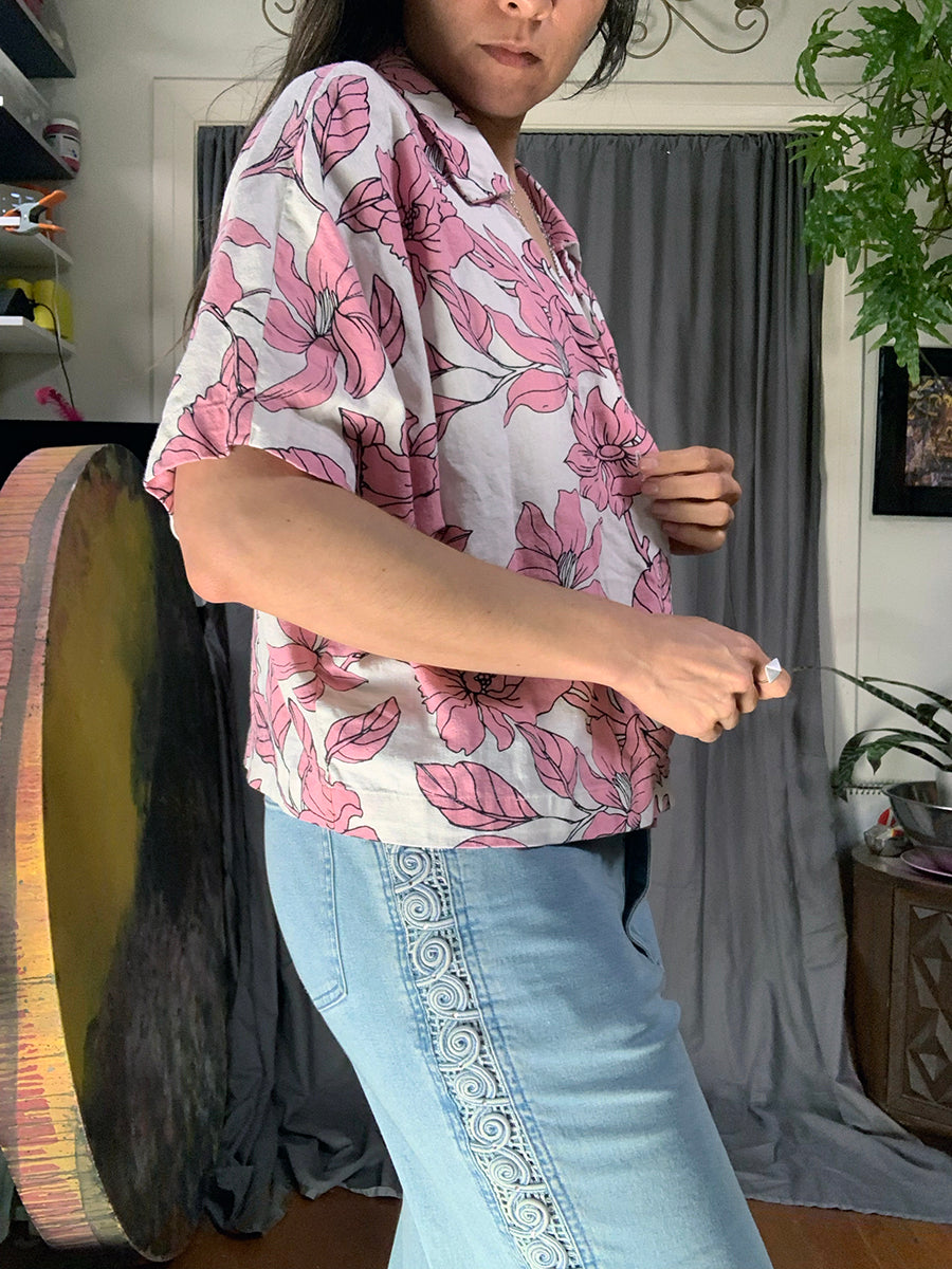 Marc New York Pink & White Floral Linen Blend Crop Blouse