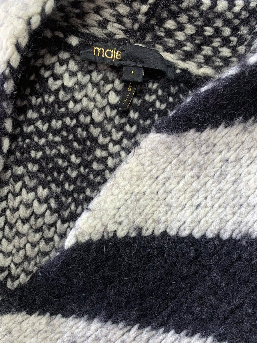 Maje "Milady" Black & White Chevron Cardigan Knit Car Coat