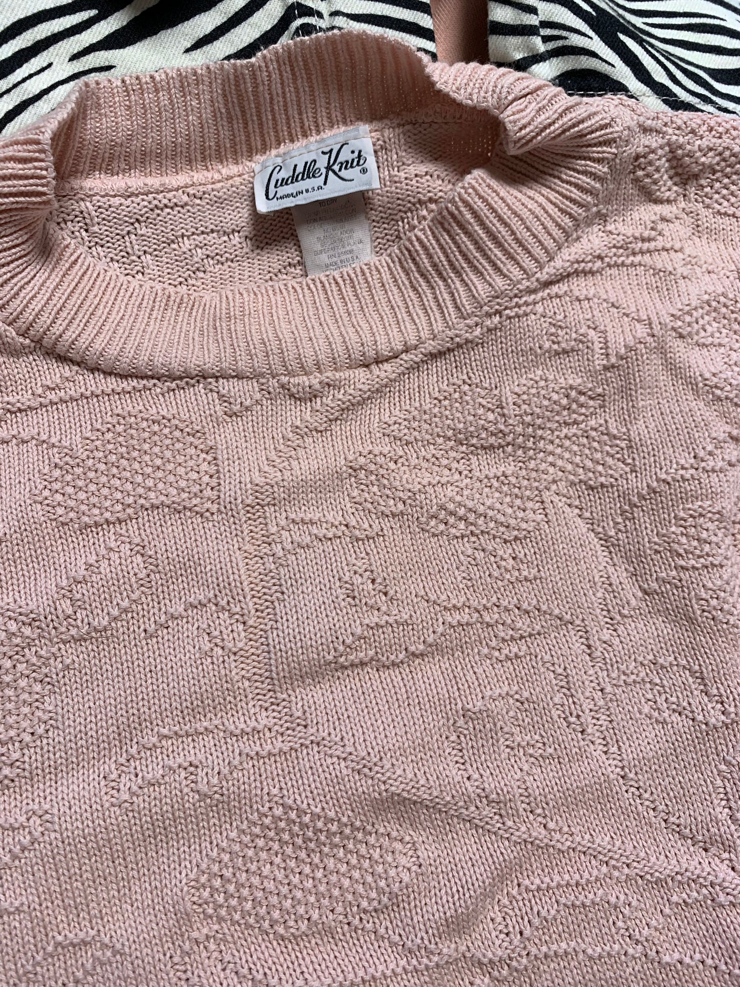 Cuddle Knit Vintage ‘80s-‘90s Pale Pink Brocade Knit Cotton Sweater