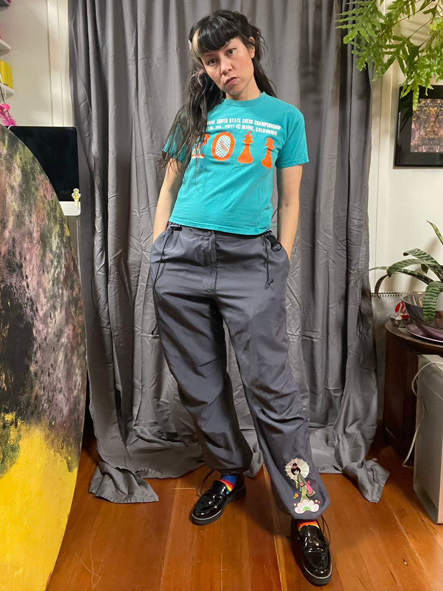 26 Red Sugar Gray Y2K Parachute Pants with Harajuku-Inspired Embroidery