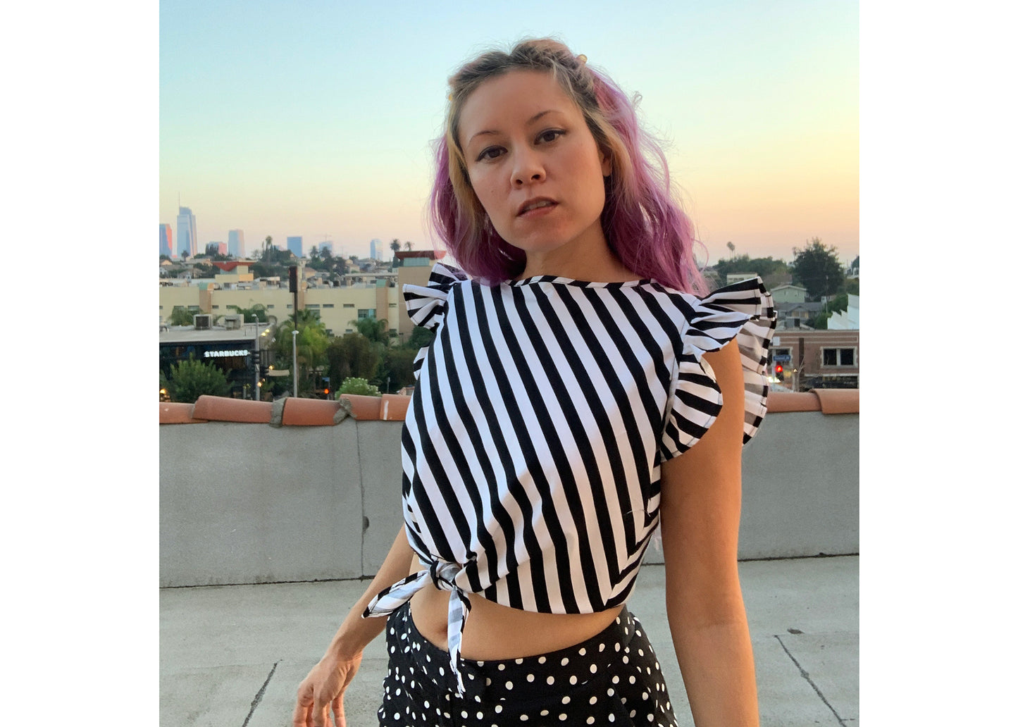 Dilophos Ruffle Crop Blouse in Black & White Stripe