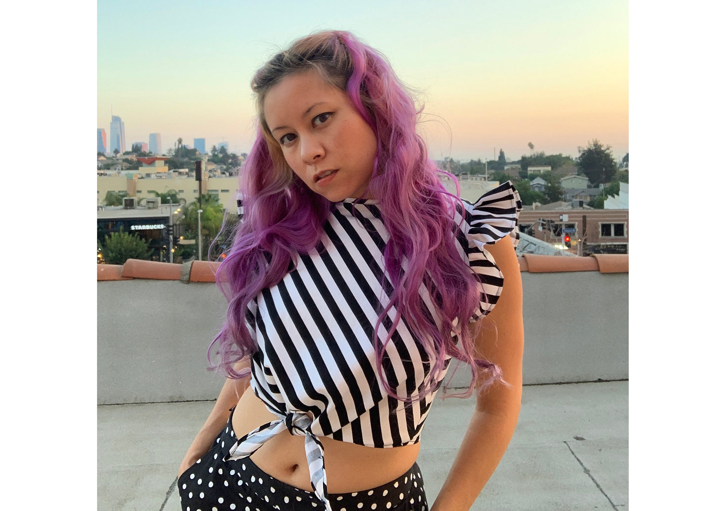 Dilophos Ruffle Crop Blouse in Black & White Stripe