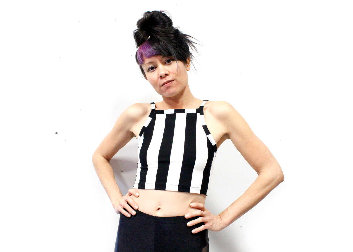 Quattro Crop Tank in Black & White Stripe