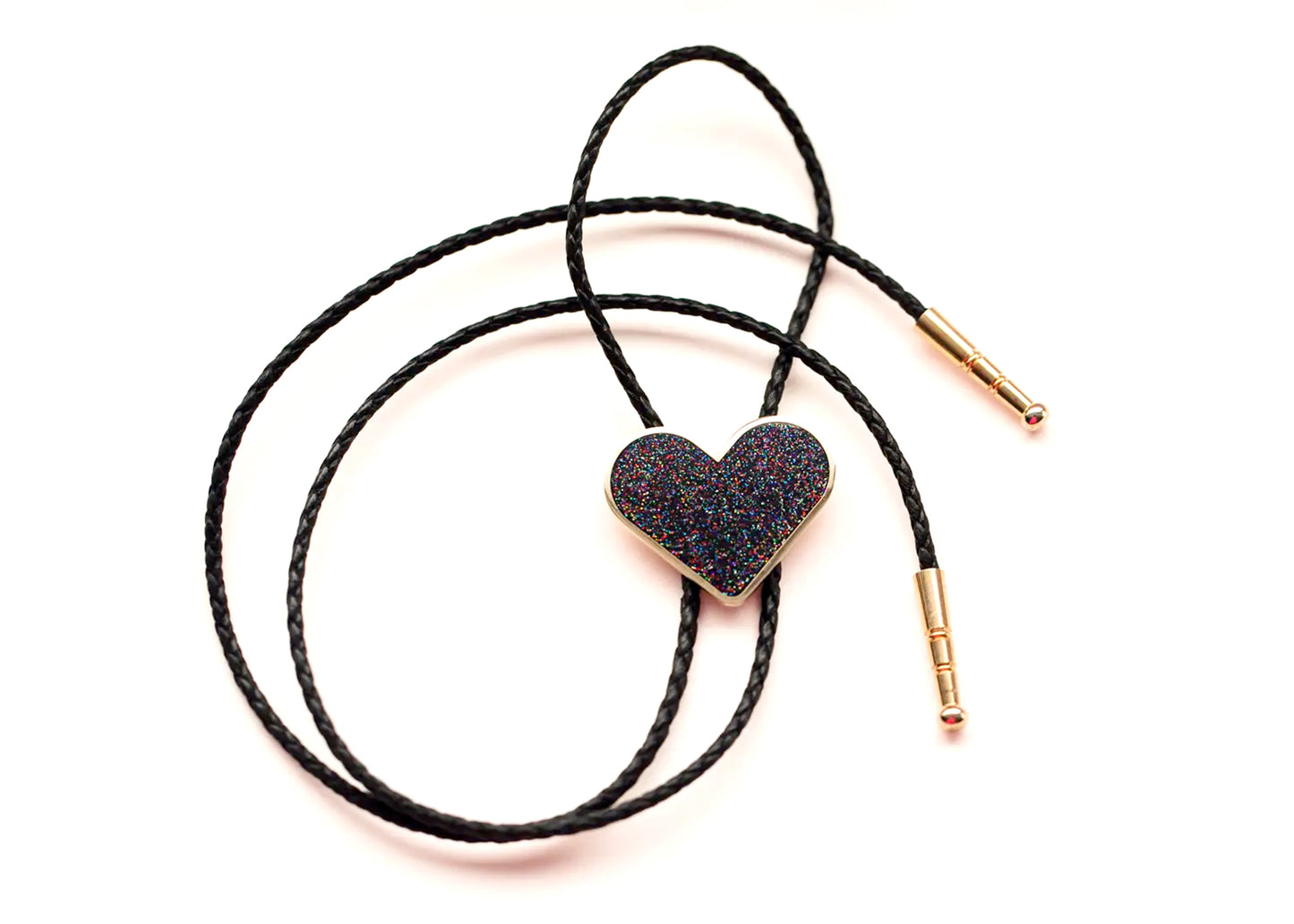 Glitter Heart Bolo Tie in Rainbow Black
