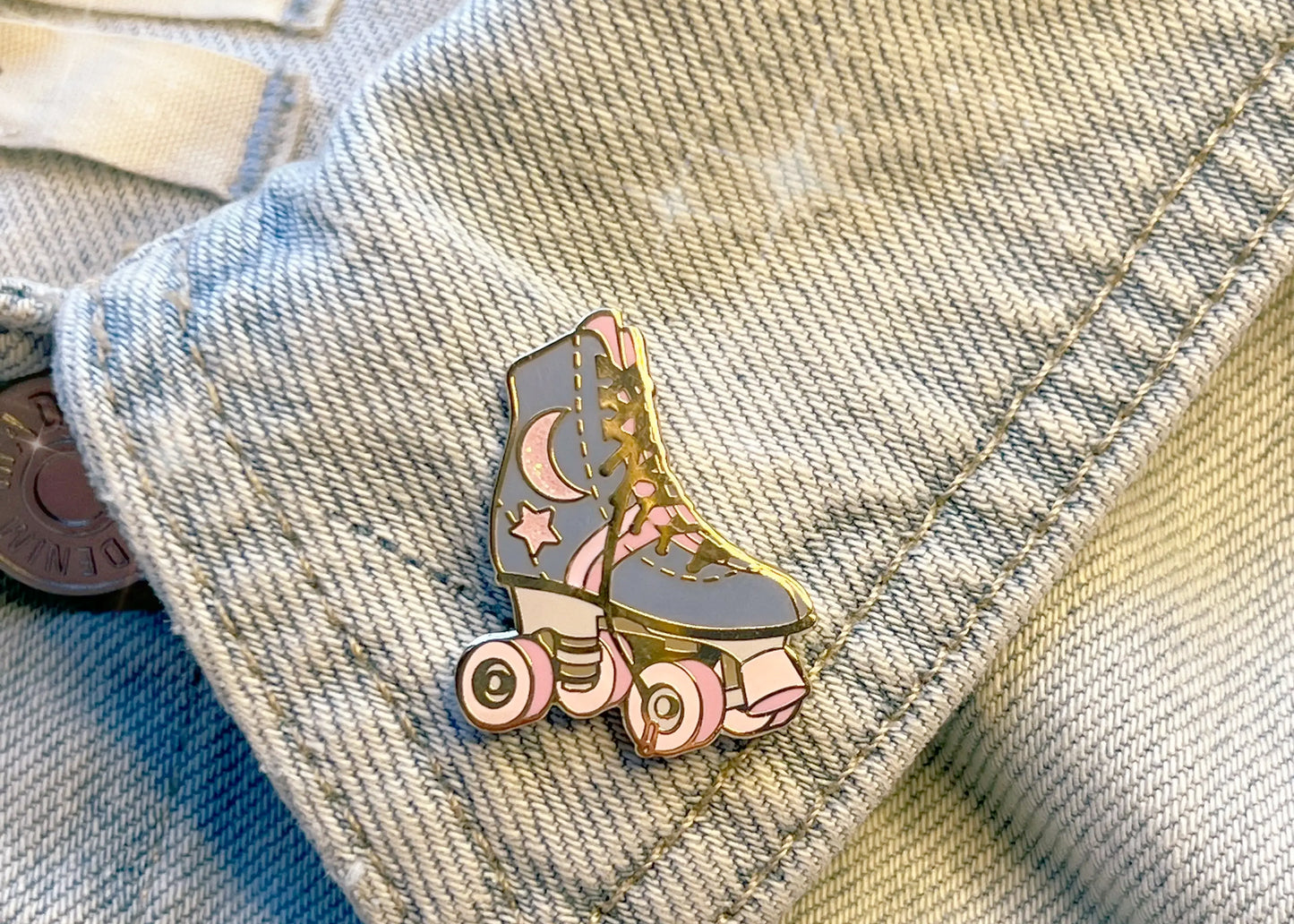 Celestial Periwinkle Moon & Star Roller Skate Enamel Pin