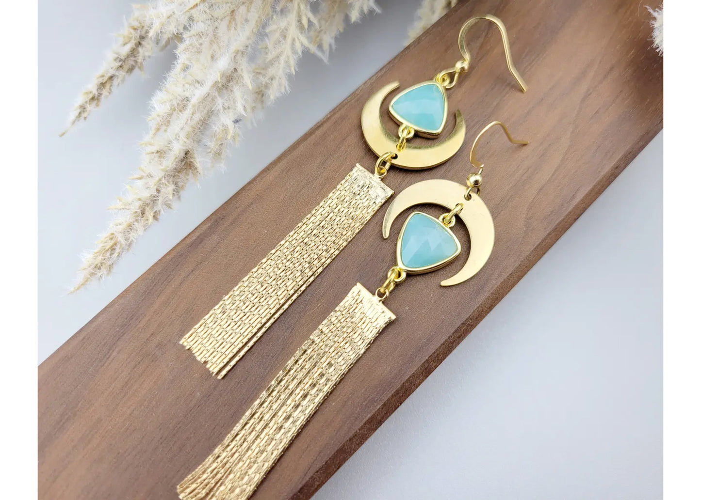 Crescent Tassel Earrings with Amazonite