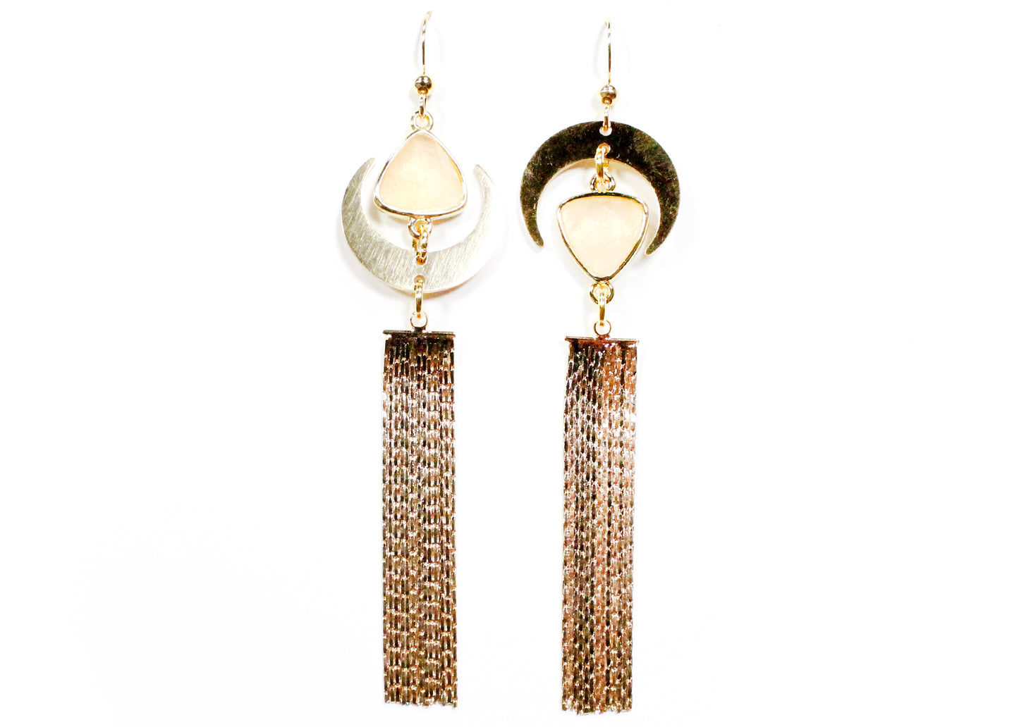 Crescent Tassel Earrings with Rose Quartz