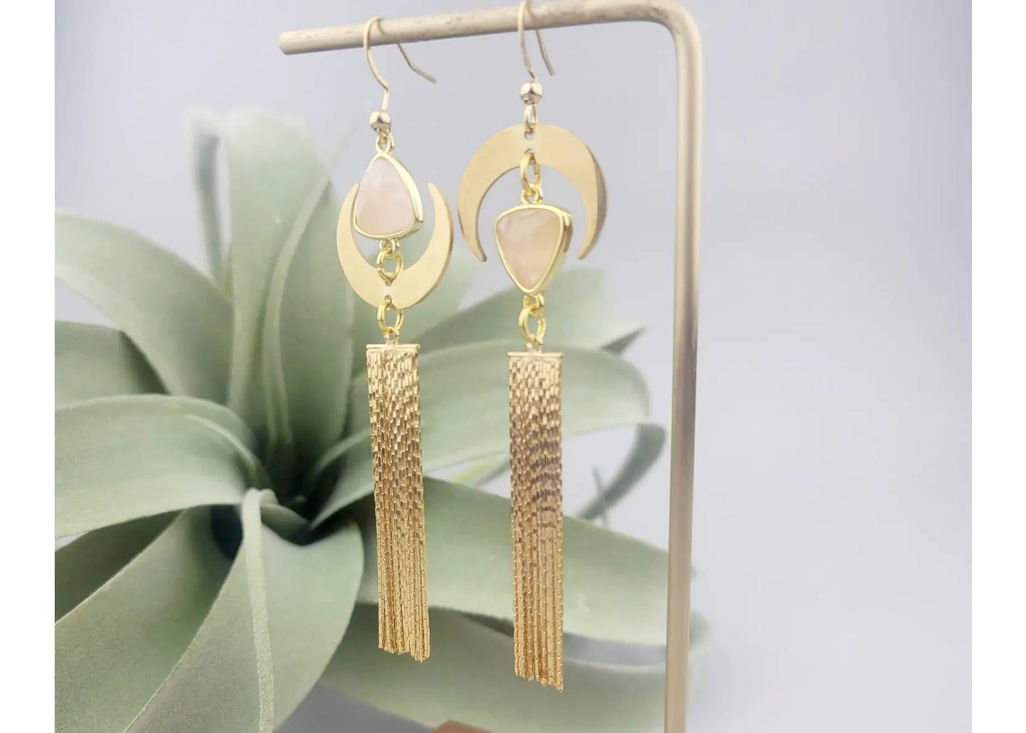 Crescent Tassel Earrings with Rose Quartz