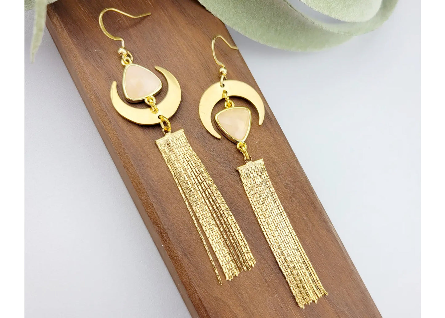 Crescent Tassel Earrings with Rose Quartz