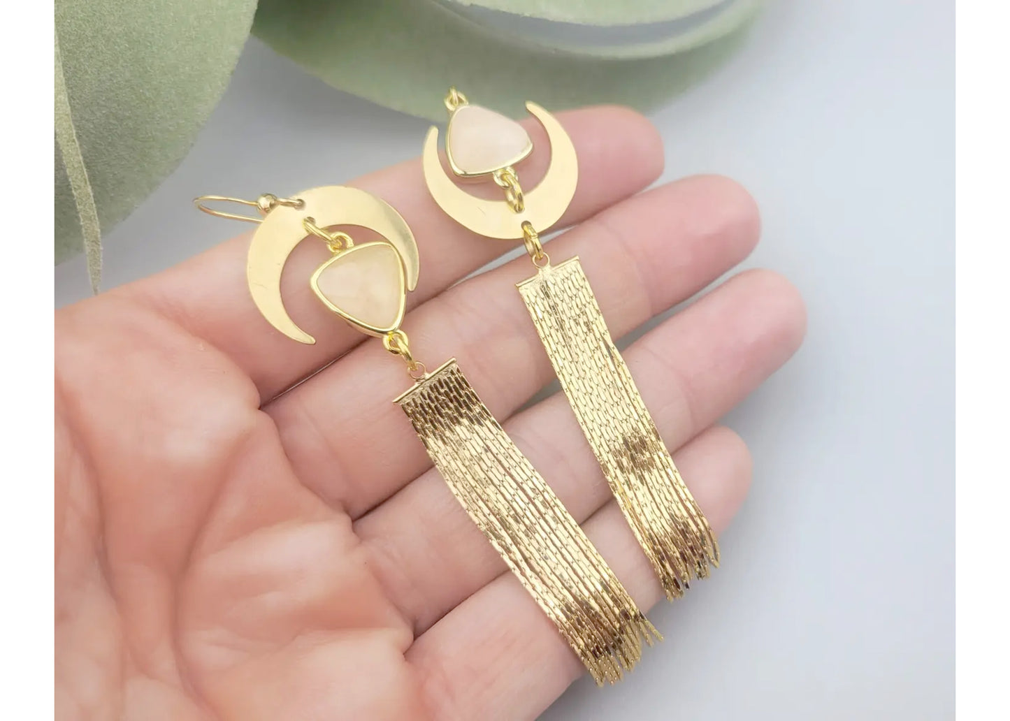 Crescent Tassel Earrings with Rose Quartz
