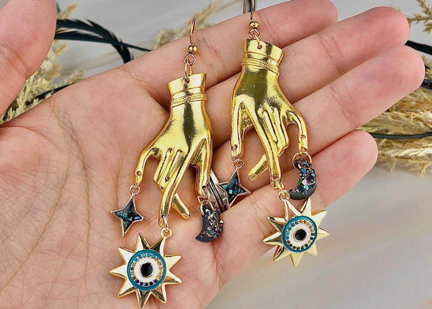 Hamsa Hand Of Fatima Evil Eye In Space Earrings
