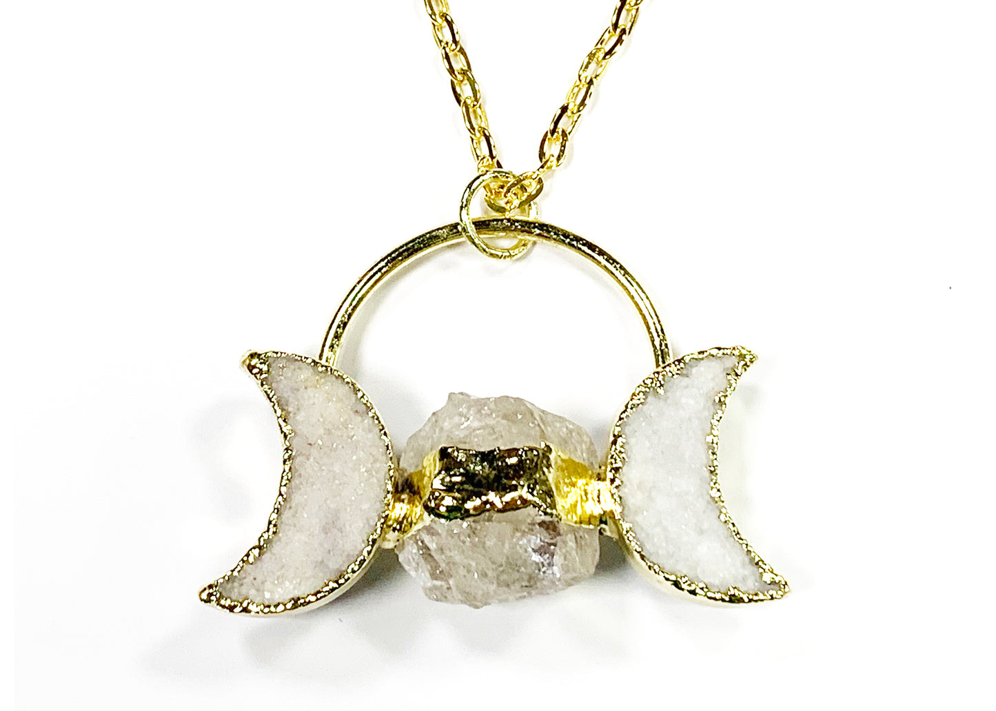 Raw Quartz Triple Moon Goddess Necklace