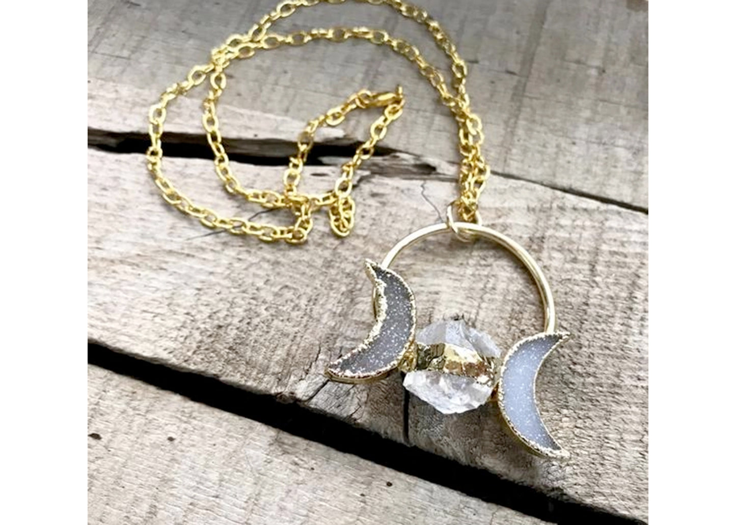 Raw Quartz Triple Moon Goddess Necklace