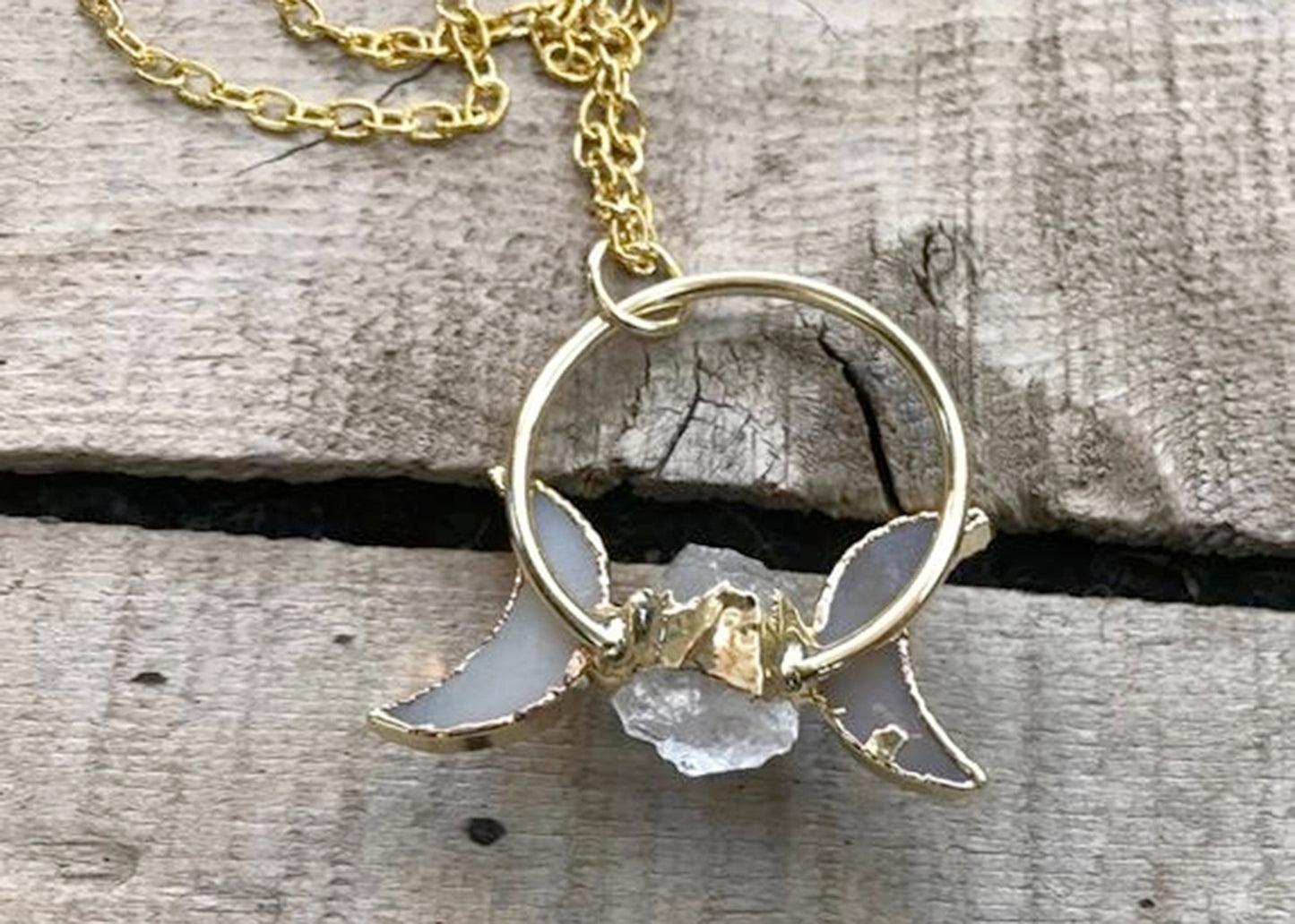 Raw Quartz Triple Moon Goddess Necklace
