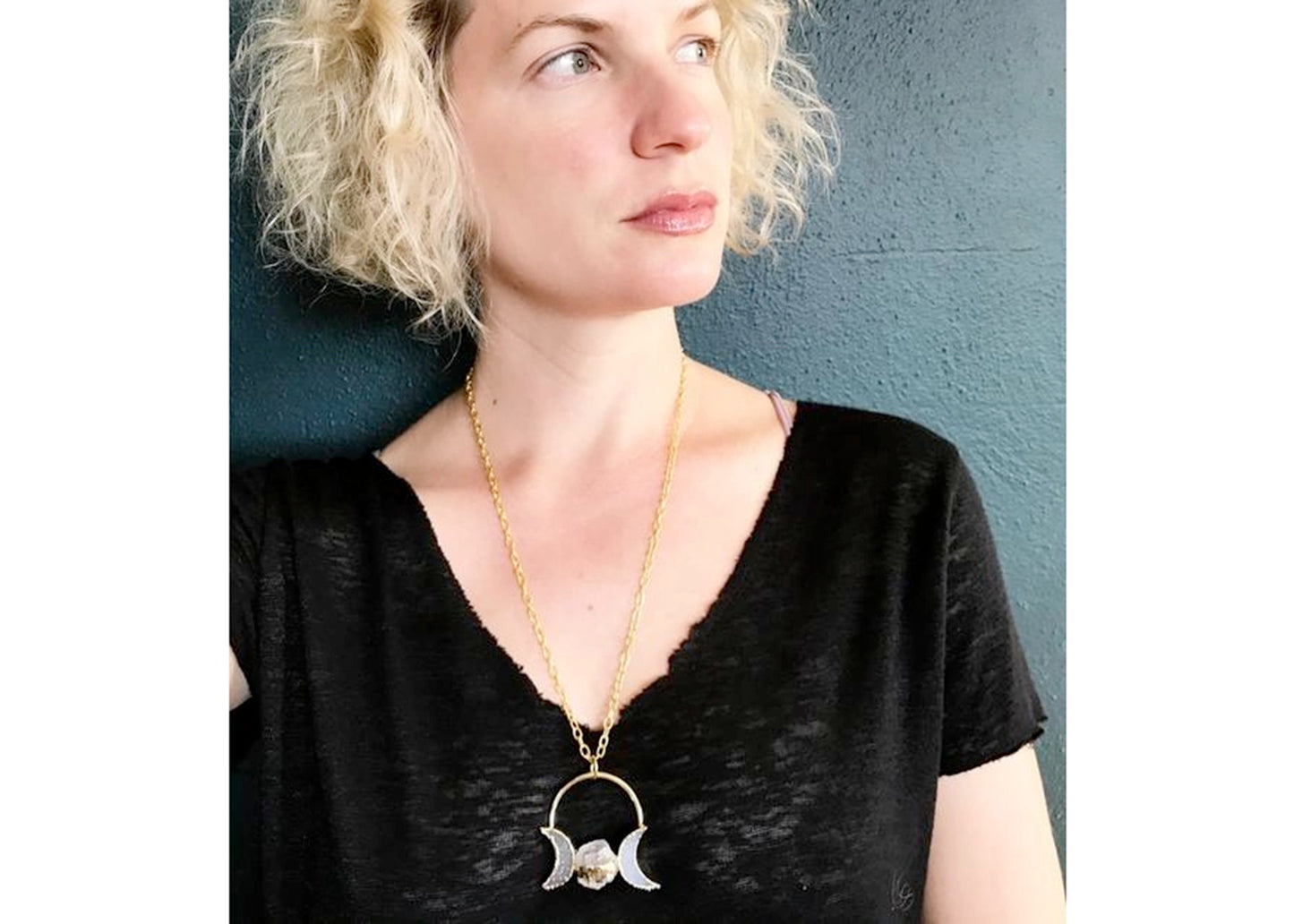 Raw Quartz Triple Moon Goddess Necklace