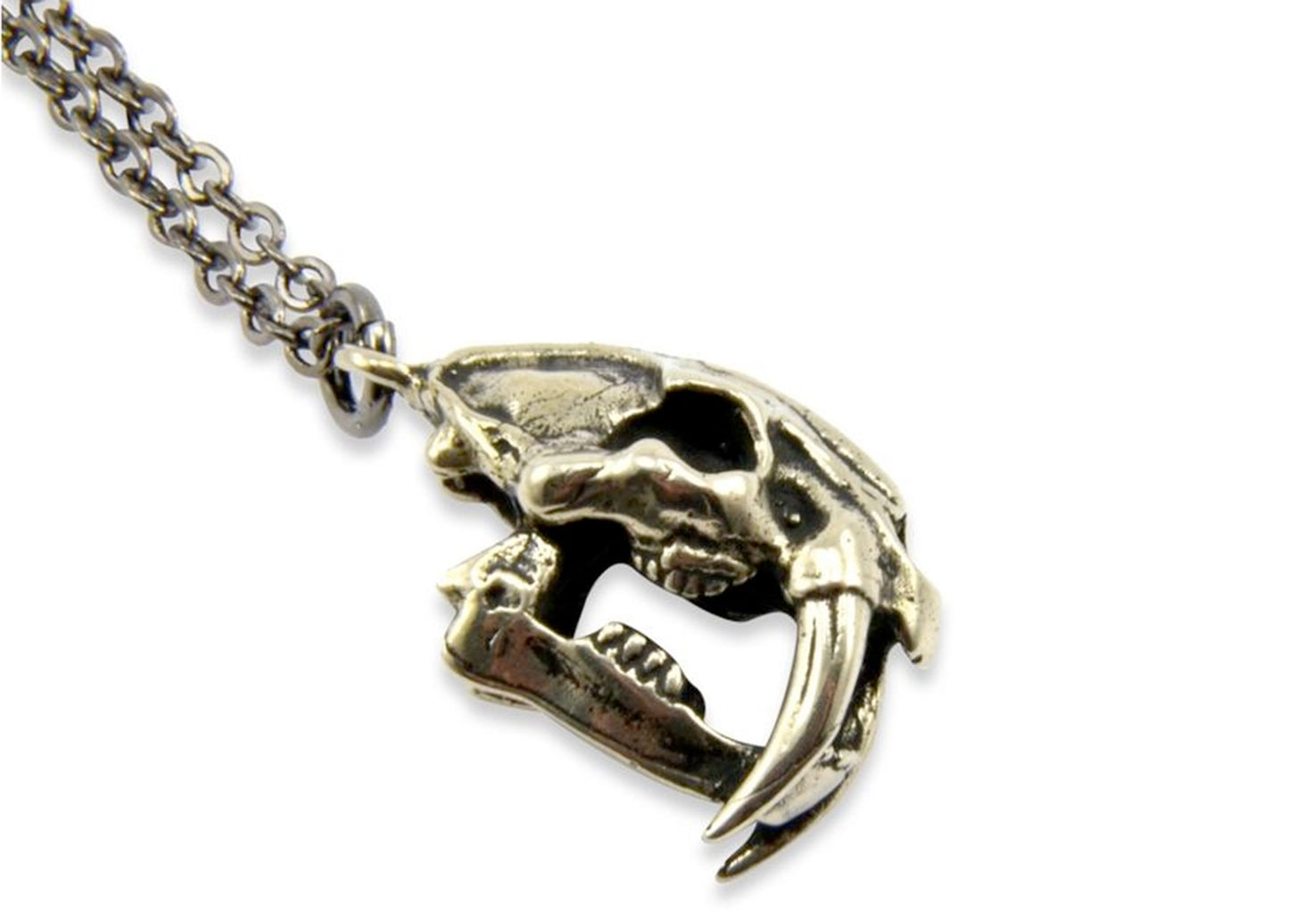 Saber Tooth Cat Skull Necklace In White Bronze