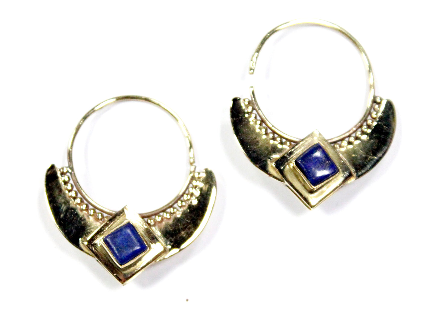 Winged Lapis Hoop Earrings in Brass