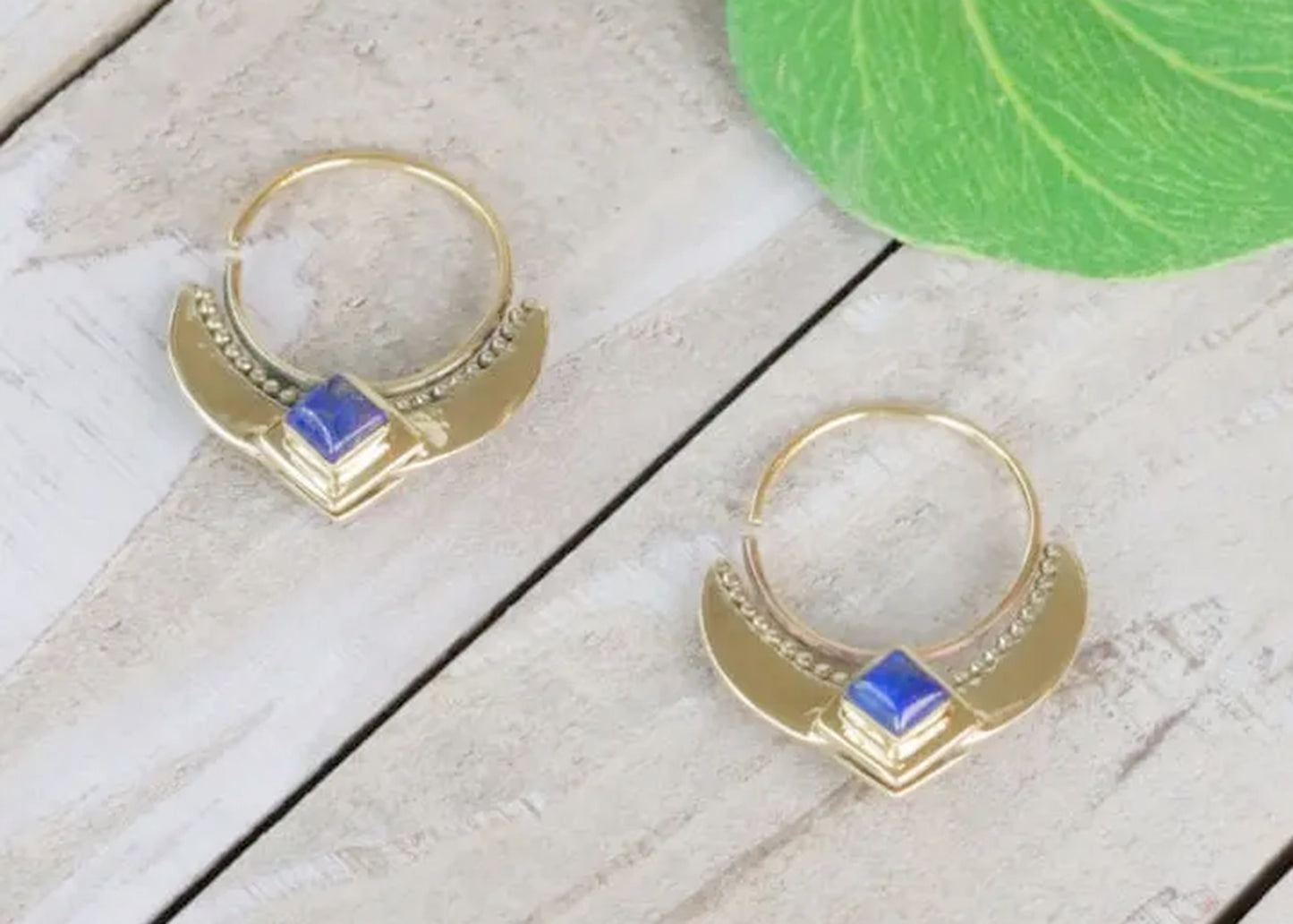 Winged Lapis Hoop Earrings in Brass