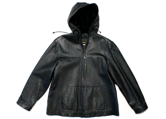 Ben-Z Hooded Leather Coat with Hoodie Style Kangaroo Pockets, Drawstrings & Zip