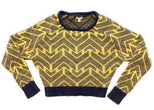 Ecoté Geometric Chevron Chunky Knit Crop Sweater in Mustard & Navy