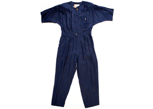 Chaus 1980s Navy Blue Rayon Jumpsuit, Size S