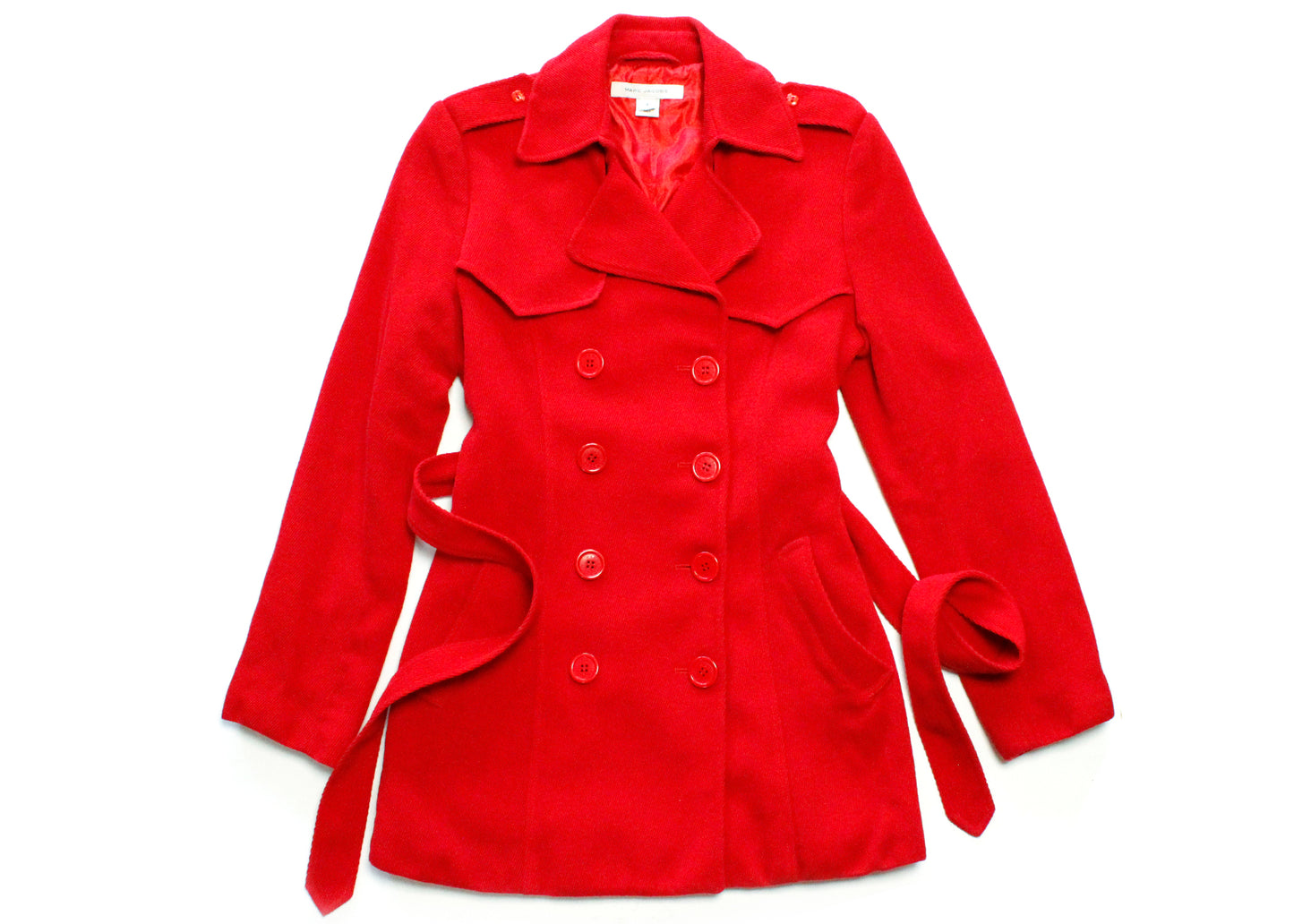 Marc Jacobs Collection Textured Red Wool Double-Breasted Peacoat Jacket with Epaulets