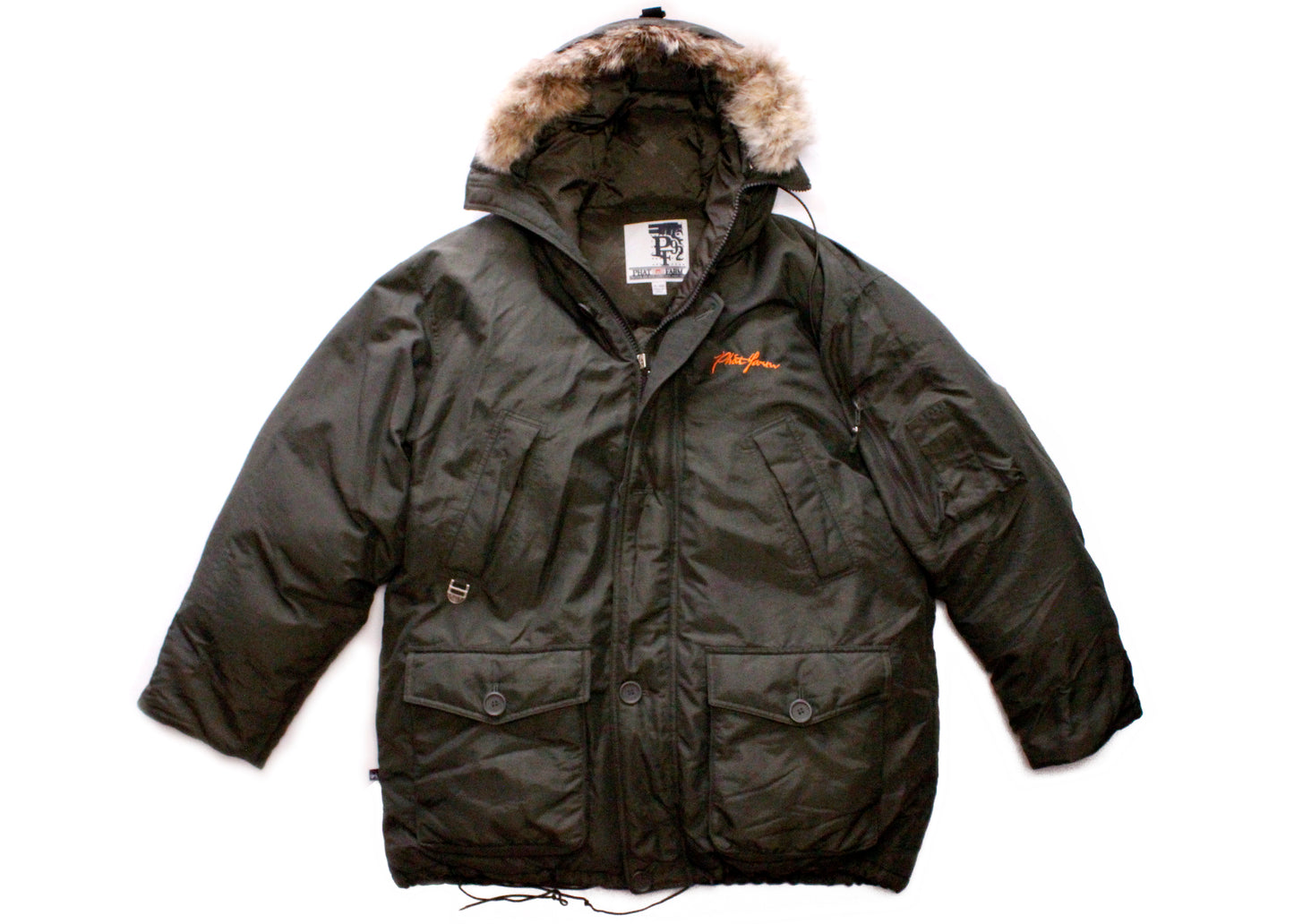 Phat Farm Army Green Puffer Coat Down Filled Parka with Detachable Coyote Fur Hood Trim