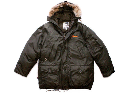 Phat Farm Army Green Puffer Coat Down Filled Parka with Detachable Coyote Fur Hood Trim