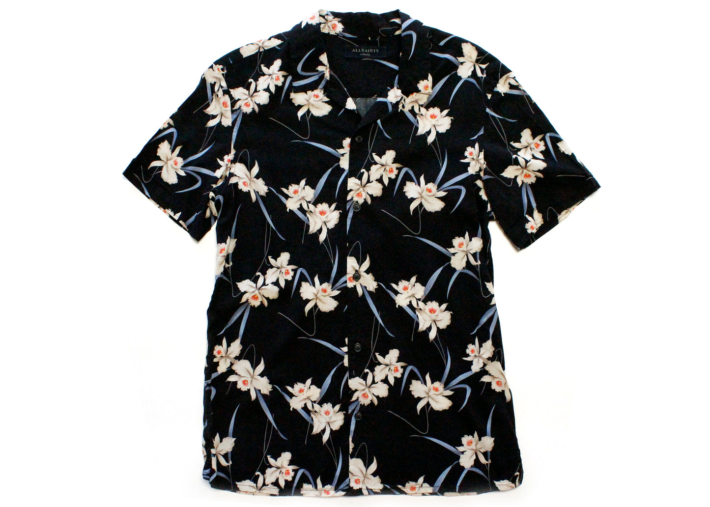 Allsaints Black Floral Cotton/Viscose Short Sleeve Button Down, Size XS