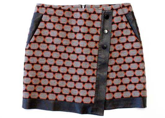 Karen Millen Gray/Black/Orange Geometric Wool & Faux Leather Mini Skirt, Size 2