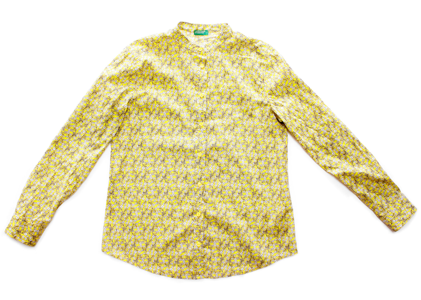 United Colors of Benetton Yellow Floral Long Sleeve Collarless Blouse, Size Small