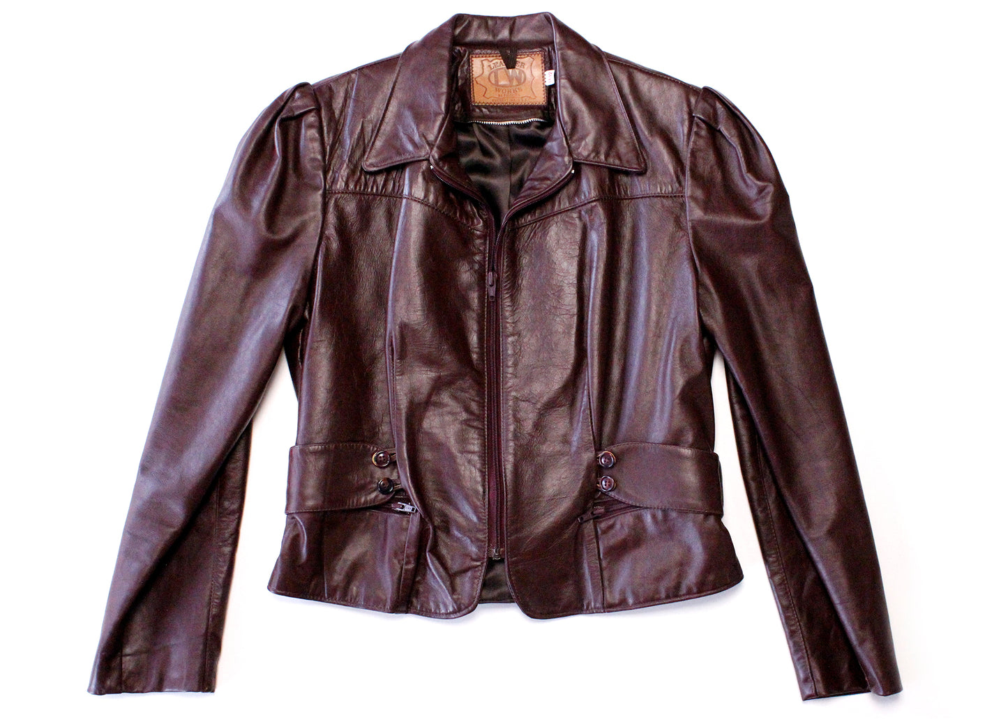 Leather Works by Fidelity Vintage Brown Cropped Zip Jacket with Puff Sleeves