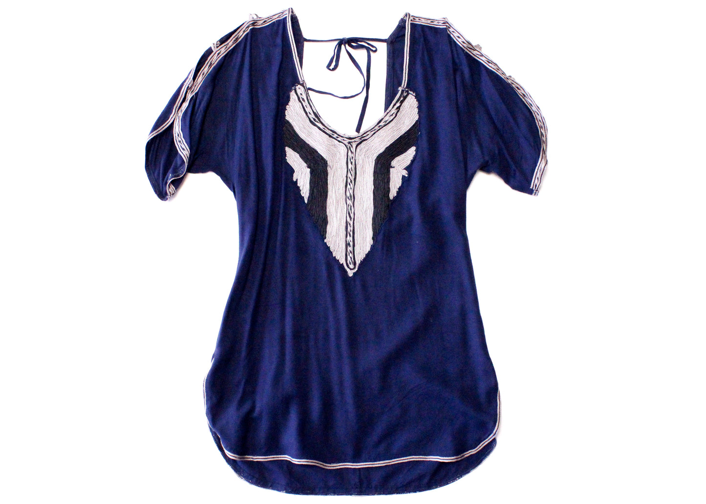 Free People Navy Blue Top with Cutout Shoulders & Silver Appliqué