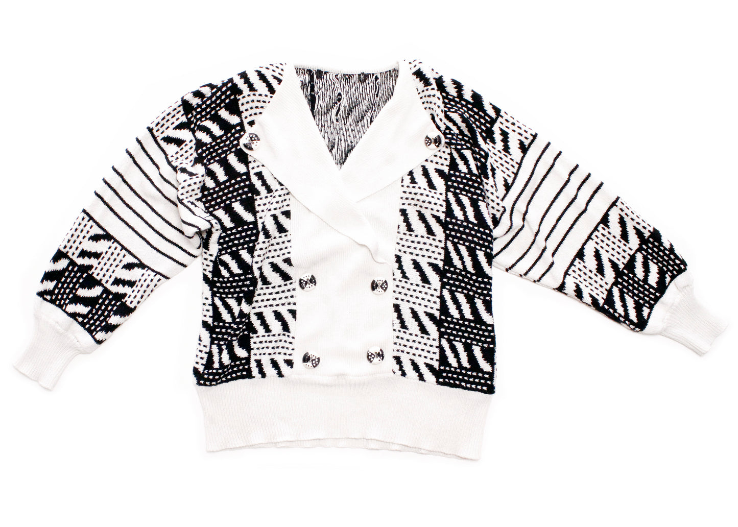 1990s Black & White Schoolteacher Sweater with Hand Painted Buttons