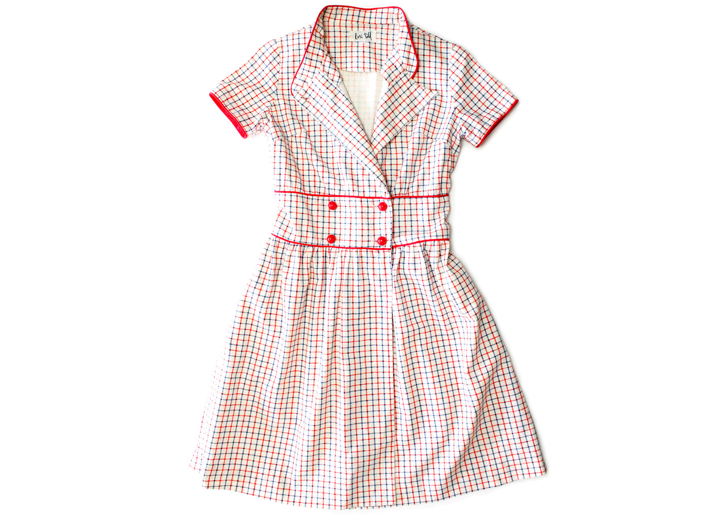 Lori Till Early 1960s Vintage White, Red, Blue Windowpane Check Fit & Flare Dress