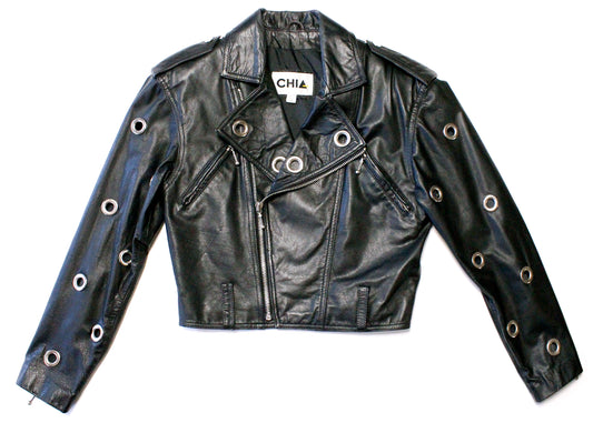 Chia 1980s Black Leather Crop Jacket with Grommeted Sleeves