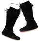 Minnetonka Moccasins Black Suede Fringe Knee High Lace Up Boots, Size 10