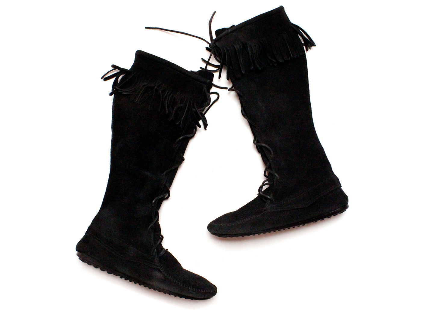 Minnetonka Moccasins Black Suede Fringe Knee High Lace Up Boots, Size 10