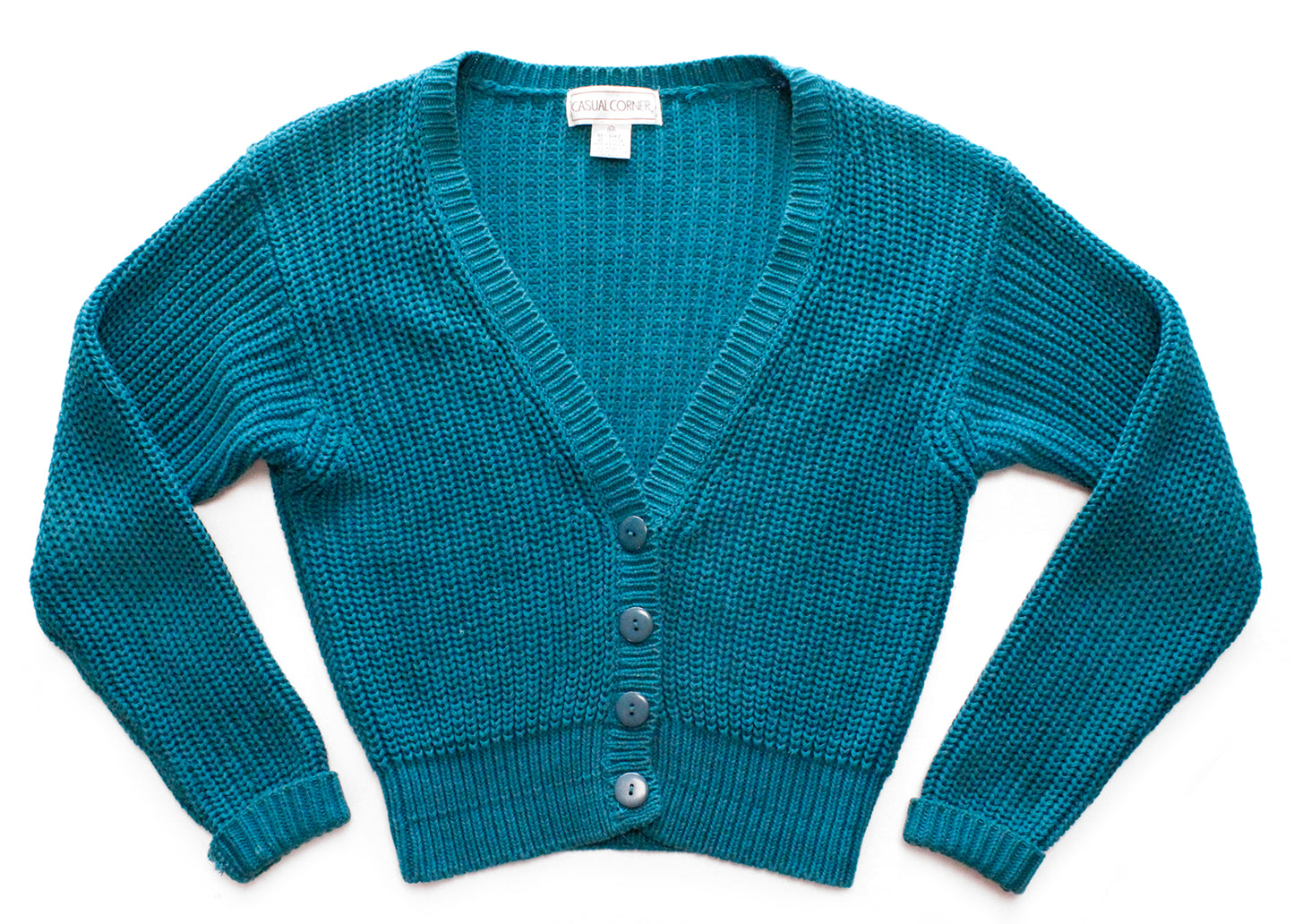 Casual Corner 1990s Teal Chunky Knit Cardigan, size M