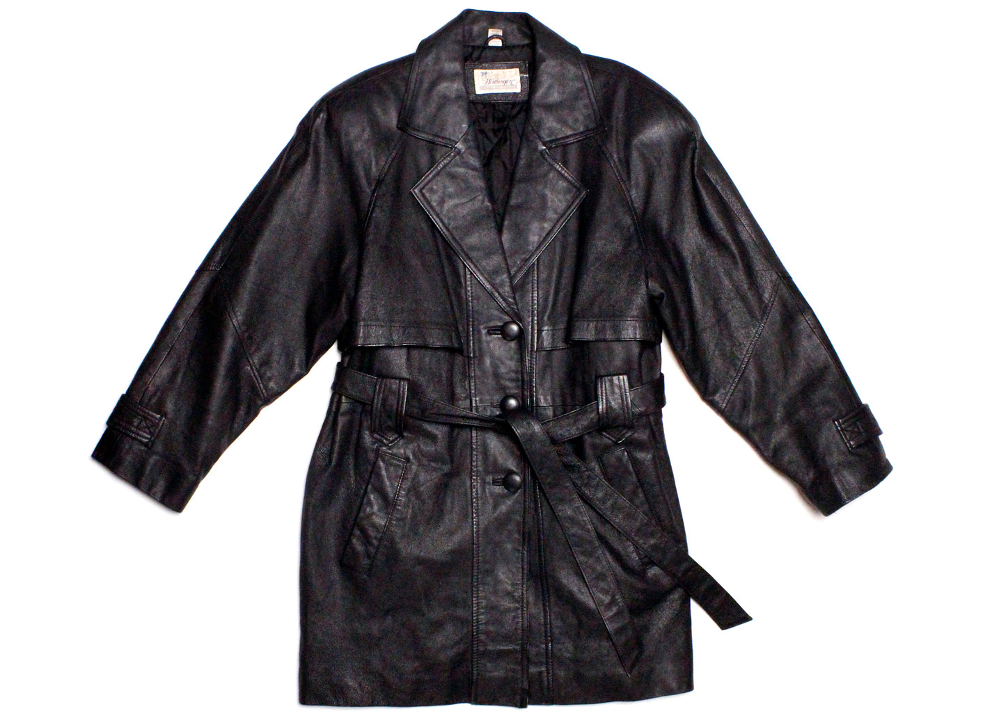 Worthington Black Cropped Trench Style Leather Coat, Complete with Belt, Size Petite L