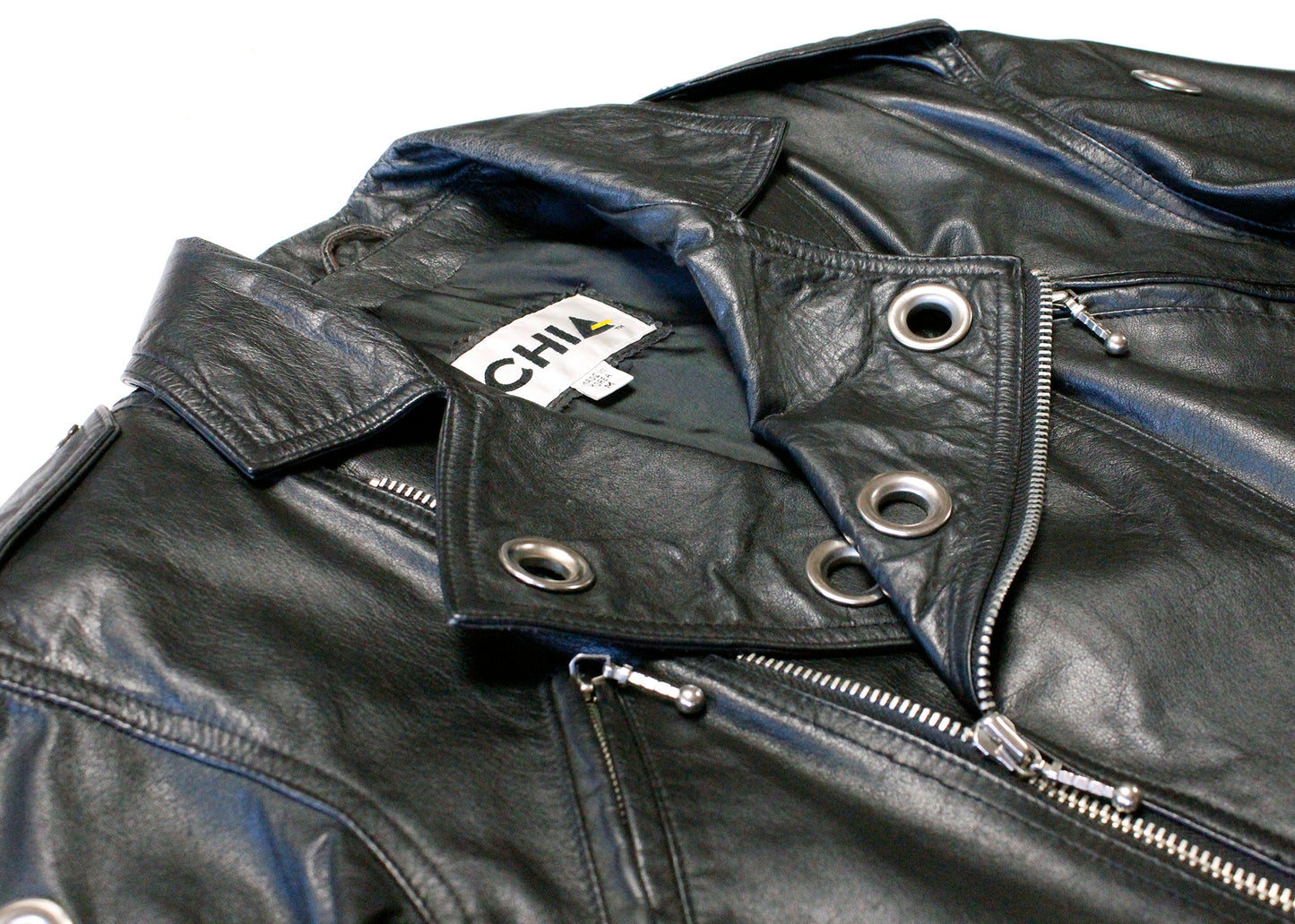 Chia 1980s Black Leather Crop Jacket with Grommeted Sleeves